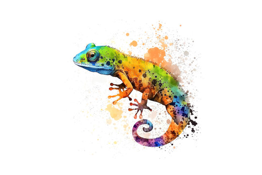 chameleon drawn with colored watercolors isolated on a white background. Generated by AI.