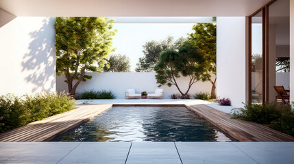 Fototapeta premium Architectural Masterpiece: Unveiling the Timeless Elegance and Tranquil Aesthetics of a 3D Rendered Home and Pool Villa, Blending Harmoniously the Boundaries Between Indoor and Outdoor Spaces