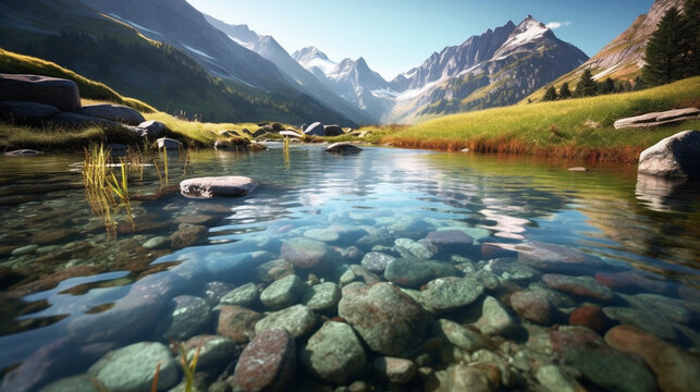 lake in the mountains HD 8K wallpaper Stock Photographic Image