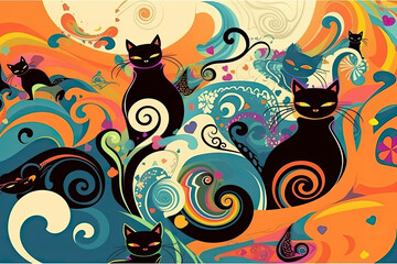 Abstract multicolored background with cats, beautiful wallpaper, AI Generated