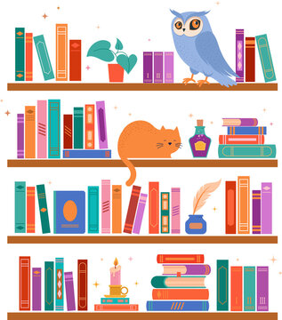 Bookcase with owl and sleeping cat