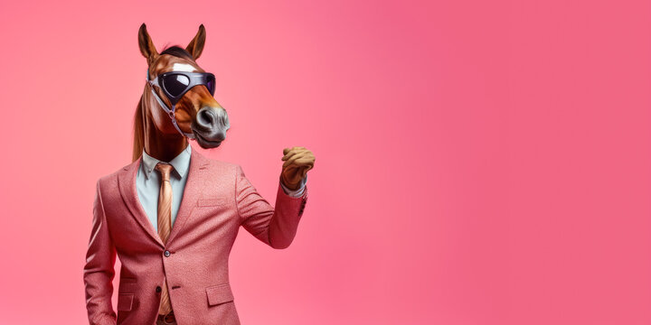 Cool looking horse dog wearing funky fashion dress - bright glittering jacket, vest, sunglasses. Wide pink banner with space for text right side. Stylish animal posing as supermodel. Generative AI