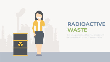 Toxic waste and radiation warnings vector. Humans in an industrial polluted environment. Risk of radioactive hazards concept.  