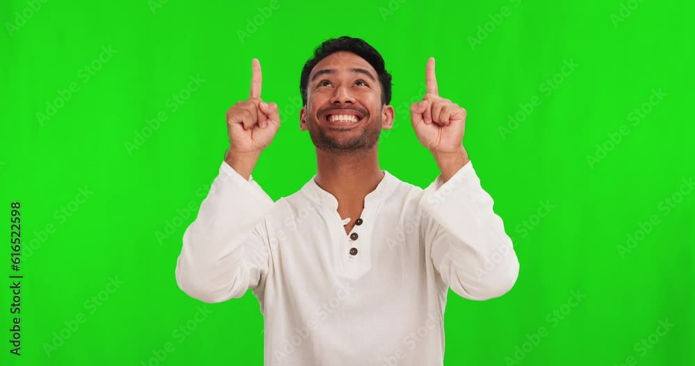 Aufkleber happy, pointing and face of an asian man on a green screen for presentation, advertising and promoti