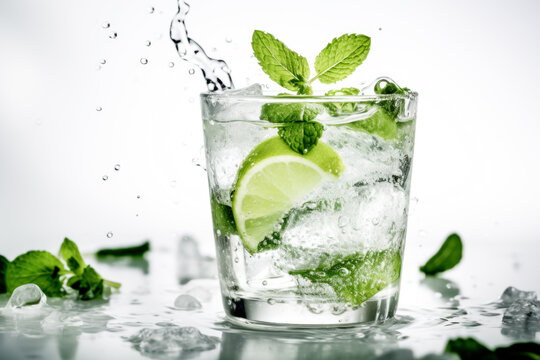 Fresh mojito cocktail with lime and mint in a glass on white background