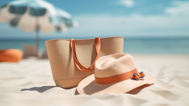 hat and sunglasses on the beach HD 8K wallpaper Stock Photographic Image