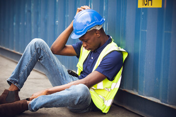 African American worker and resting sit at container box at construction site. Contractor or...