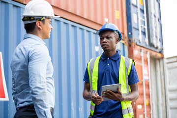 Logistic foreman discussing business work with African contractor worker at container warehouse or construction site.