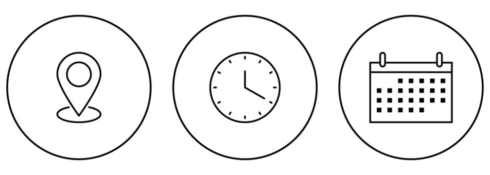 Time, date, address icon on circle outline. Design can use for web and mobile app. Vector illustration