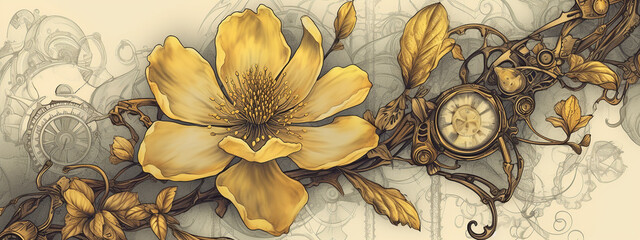 Fototapeta premium floral, vintage background, peony, flover, products, enginer, generative, ai, steampunk, background, clockwork, brooch, jewelry
