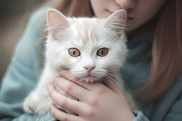 Girl with a white kitten 