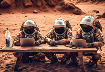 three astronauts working on laptops in a desert - obrazy, fototapety, plakaty