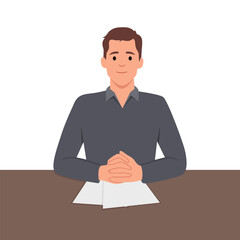 Confident male job candidate hold CV with all filled form application. Successful man work applicant show excellent experience at interview. Flat vector illustration isolated on white background