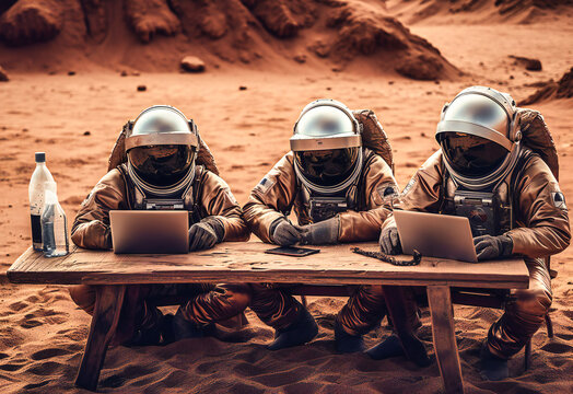 three astronauts working on laptops in a desert