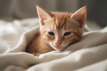 Obraz premium Cute ginger kitten sleeps sweetly at home on sofa wrapped in a blanket, AI generative
