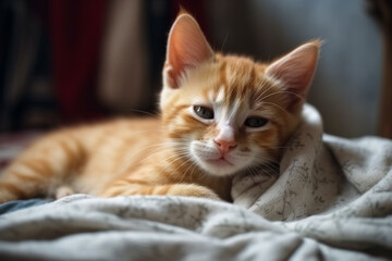 Obraz na płótnie Canvas Cute ginger kitten sleeps sweetly at home on sofa wrapped in a blanket, AI generative