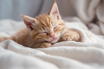 Fototapeta na wymiar Cute ginger kitten sleeps sweetly at home on sofa wrapped in a blanket, AI generative