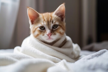 Cute ginger kitten sleeps sweetly at home on sofa wrapped in a blanket, AI generative