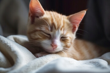 Cute ginger kitten sleeps sweetly at home on sofa wrapped in a blanket, AI generative