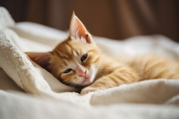 Cute ginger kitten sleeps sweetly at home on sofa wrapped in a blanket, AI generative