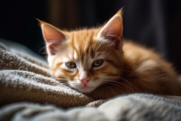 Fototapeta na wymiar Cute ginger kitten sleeps sweetly at home on sofa wrapped in a blanket, AI generative