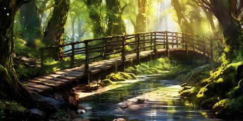 Crossing a Rustic Bridge, A narrow wooden bridge stretches across a crystal-clear river, nestled within a vibrant forest.
