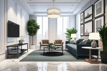 Naklejka premium View inside large modern luxury attic loft apartment living room interior with comfortable sofa, plants, wooden furniture, Abstract painting on white wall Created with Generative AI Tools