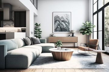 View inside large modern luxury attic loft apartment living room interior with comfortable sofa, plants, wooden furniture, Abstract painting on white wall Created with Generative AI Tools