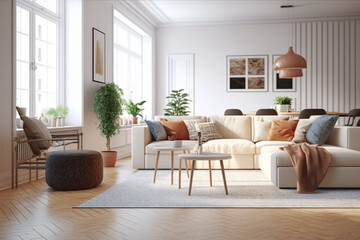 View inside large modern luxury attic loft apartment living room interior with comfortable sofa, plants, wooden furniture, Abstract painting on white wall Created with Generative AI Tools