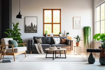 View inside large modern luxury attic loft apartment living room interior with comfortable sofa, plants, wooden furniture, Abstract painting on white wall Created with Generative AI Tools