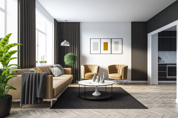 Fototapeta premium View inside large modern luxury attic loft apartment living room interior with comfortable sofa, plants, wooden furniture, Abstract painting on white wall Created with Generative AI Tools