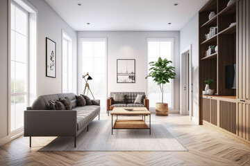 View inside large modern luxury attic loft apartment living room interior with comfortable sofa, plants, wooden furniture, Abstract painting on white wall Created with Generative AI Tools