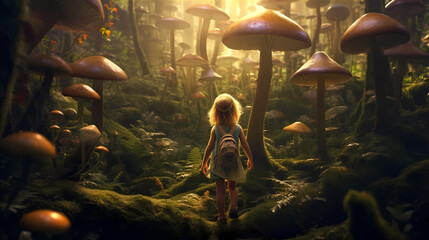 Curious child exploring a mystical forest filled with giant mushrooms, glowing plants. Wonder and enchantment. Generative ai.