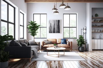 Fototapeta premium View inside large modern luxury attic loft apartment living room interior with comfortable sofa, plants, wooden furniture, Abstract painting on white wall Created with Generative AI Tools