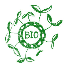 Vector healthy food badge with hand-drawn coal texture. Organic products emblem. Healthy eating icon for vegan label. Natural symbol for cosmetic design. Farming sign. Bio and eco insignia template.