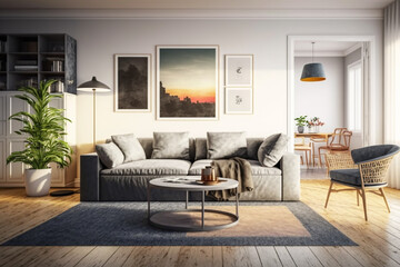 Fototapeta premium View inside large modern luxury attic loft apartment living room interior with comfortable sofa, plants, wooden furniture, Abstract painting on white wall Created with Generative AI Tools