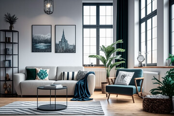 View inside large modern luxury attic loft apartment living room interior with comfortable sofa, plants, wooden furniture, Abstract painting on white wall Created with Generative AI Tools