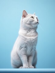 A cat on a blue background, solid color background
