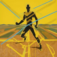 abstract art of a yellow man with a yellow strap running 