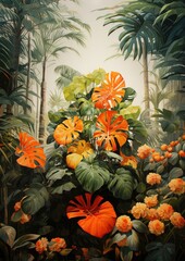 painting with beautiful green tropical leaves with the sun in the background
