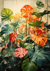 painting with beautiful green tropical leaves with the sun in the background