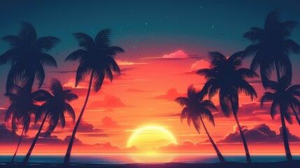 Fototapeta na wymiar Neon Palm Tree. Night landscape with palm tree