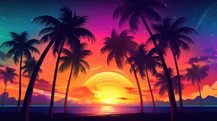 Fototapeta na wymiar Neon Palm Tree. Night landscape with palm tree