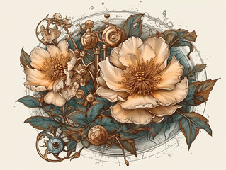 Obraz premium peony, old , background, generative, ai, steampunk style, vintage, watch