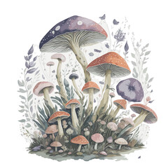 high quality drawing cute forest mushrooms. Hand drawn illustration is isolated on background. Painted forest mushrooms, acorn, leaves and flowers