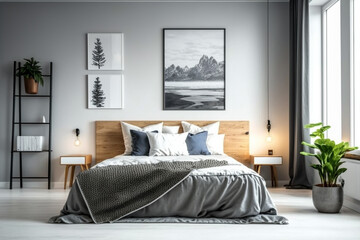 Luxury master bedroom interior with a big large comfortable bed, modern light bedroom with wooden furniture, elegant room interior, stylish bedroom at a residence Created with Generative AI Tools