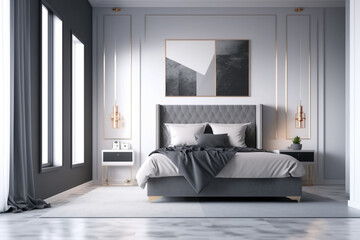 Luxury master bedroom interior with a big large comfortable bed, modern light bedroom with wooden furniture, elegant room interior, stylish bedroom at a residence Created with Generative AI Tools