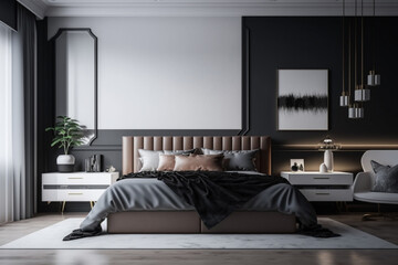 Luxury master bedroom interior with a big large comfortable bed, modern light bedroom with wooden furniture, elegant room interior, stylish bedroom at a residence Created with Generative AI Tools
