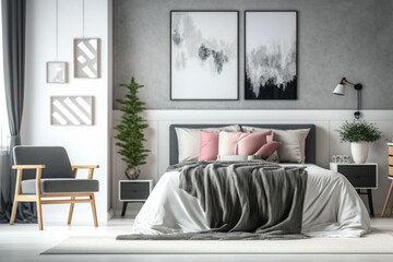 Luxury master bedroom interior with a big large comfortable bed, modern light bedroom with wooden furniture, elegant room interior, stylish bedroom at a residence Created with Generative AI Tools