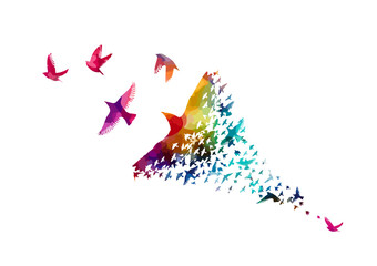 Abstraction with flying colorful birds. A flock of flying rainbow birds. Vector illustration